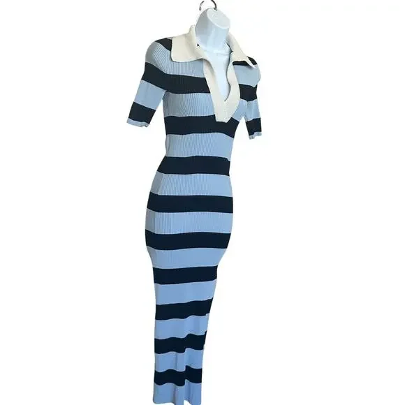 A.L.C. Blue Black Stripe Polo Midi Dress XL Preppy Ribbed Knit Designer $500 - Picture 5 of 12